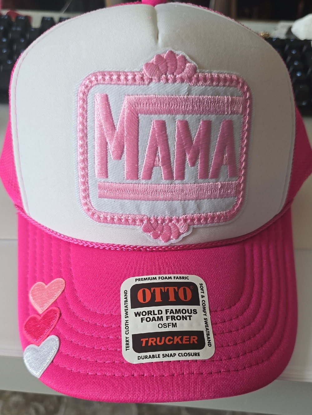 OTTO Hot Pink and White MAMA Trucker Hat with Heart Accents